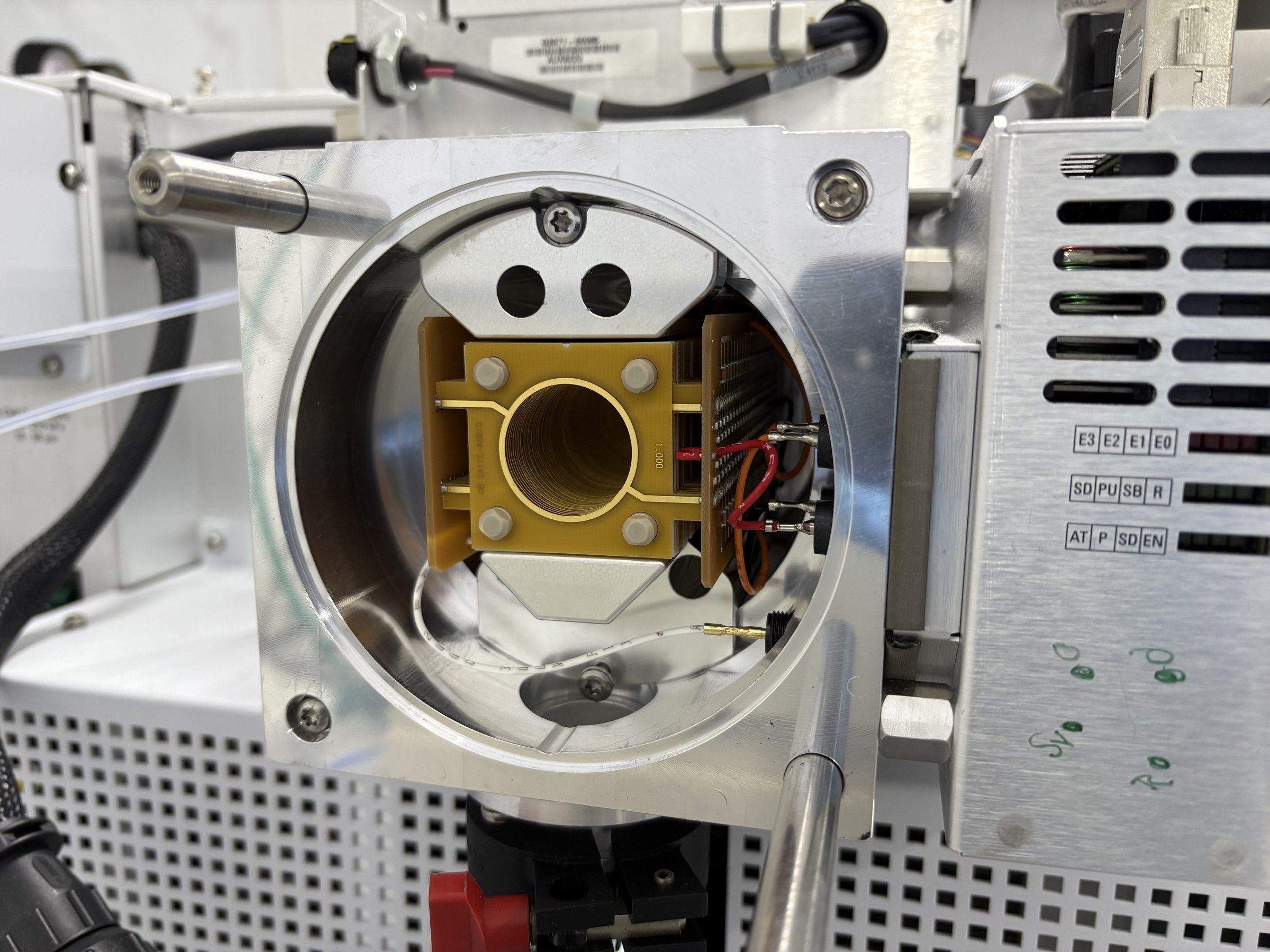 Close-up of the Thermo Scientific GC-MS ion optics and injection port